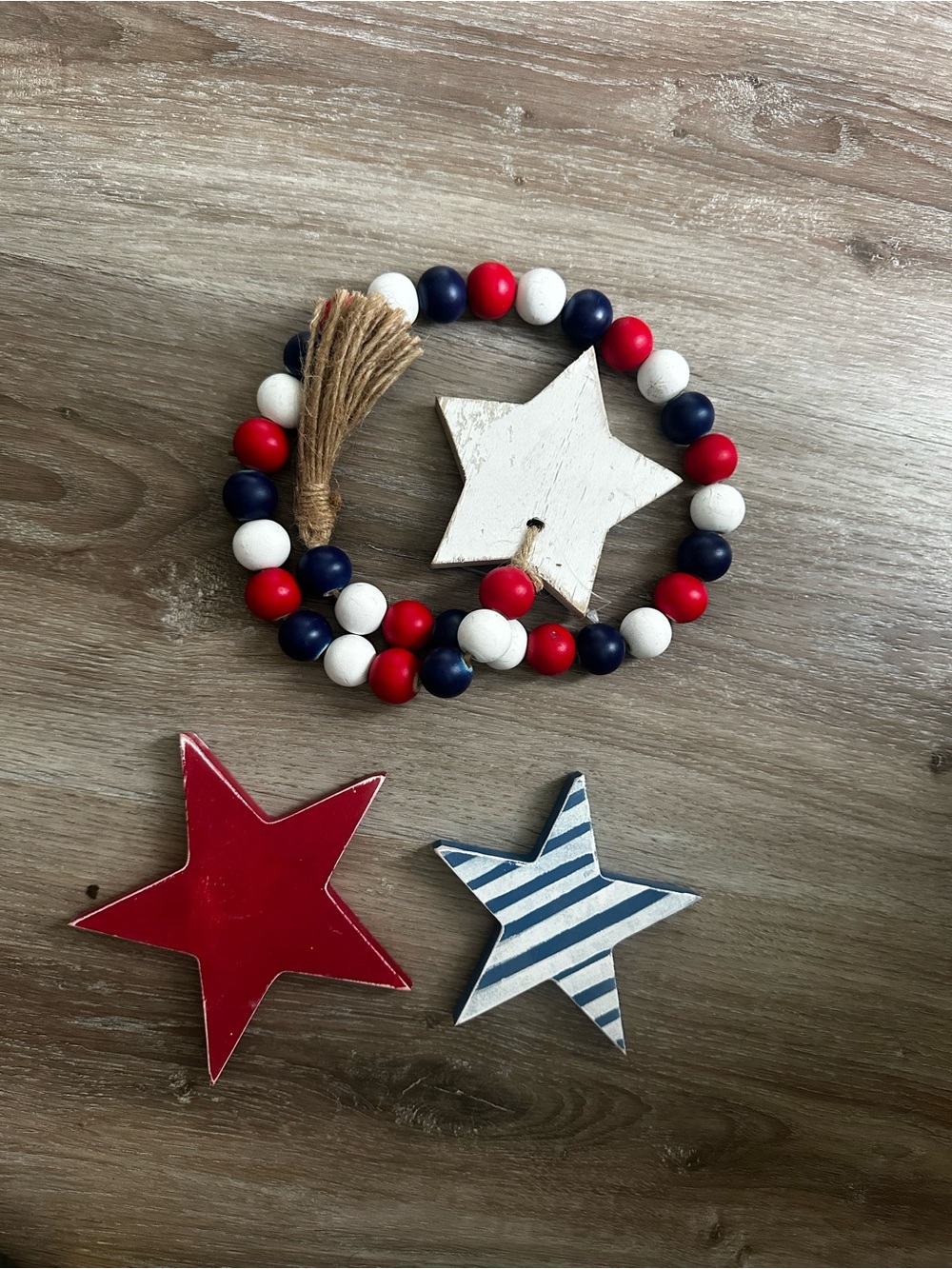 Patriotic Red White Blue Wooden Bead Garland & two wood stars - tray decor